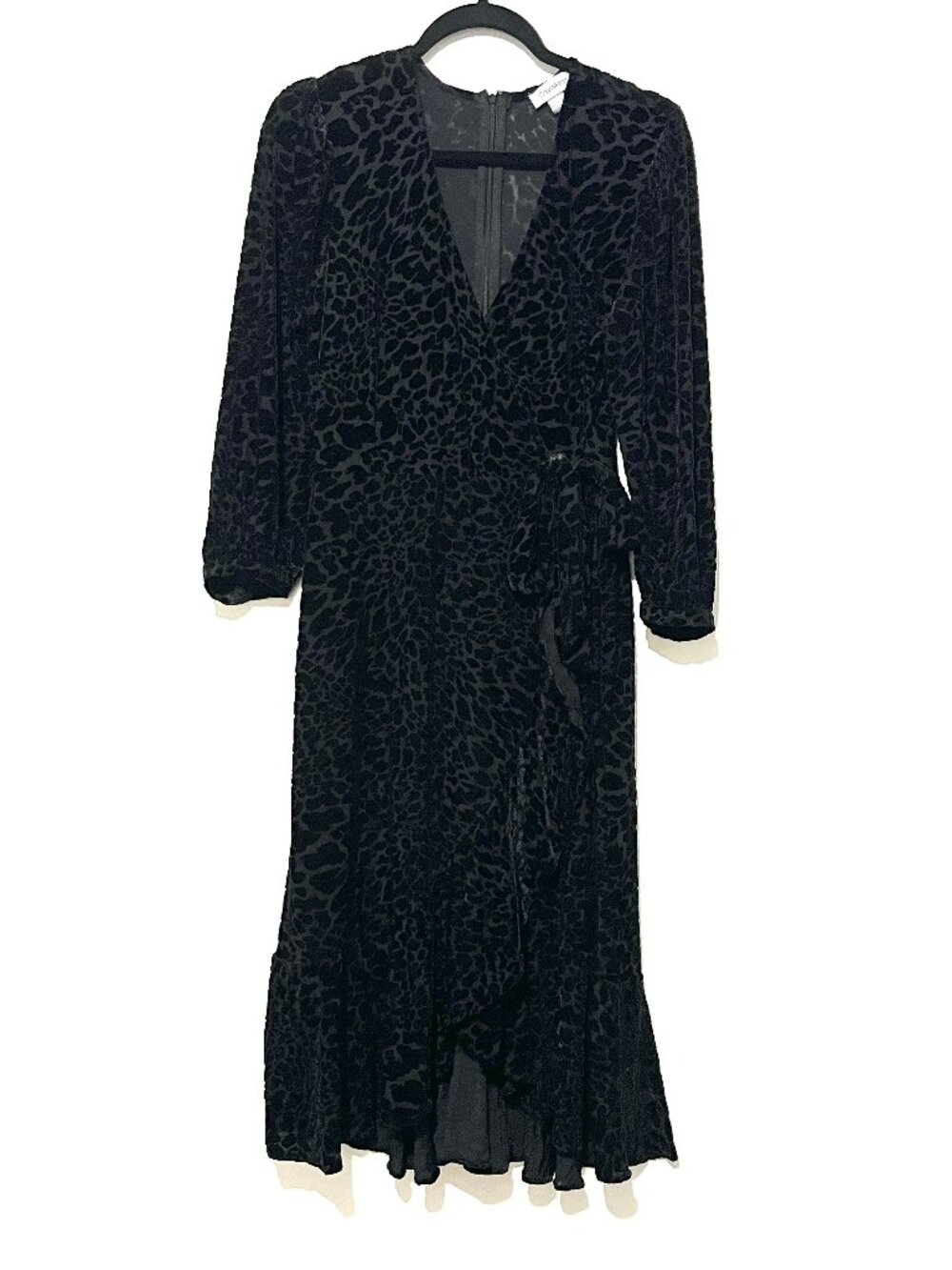 Calvin Klein Womens Burnout Velvet Midi Dress 12 Black Leopard Faux Wrap Party
